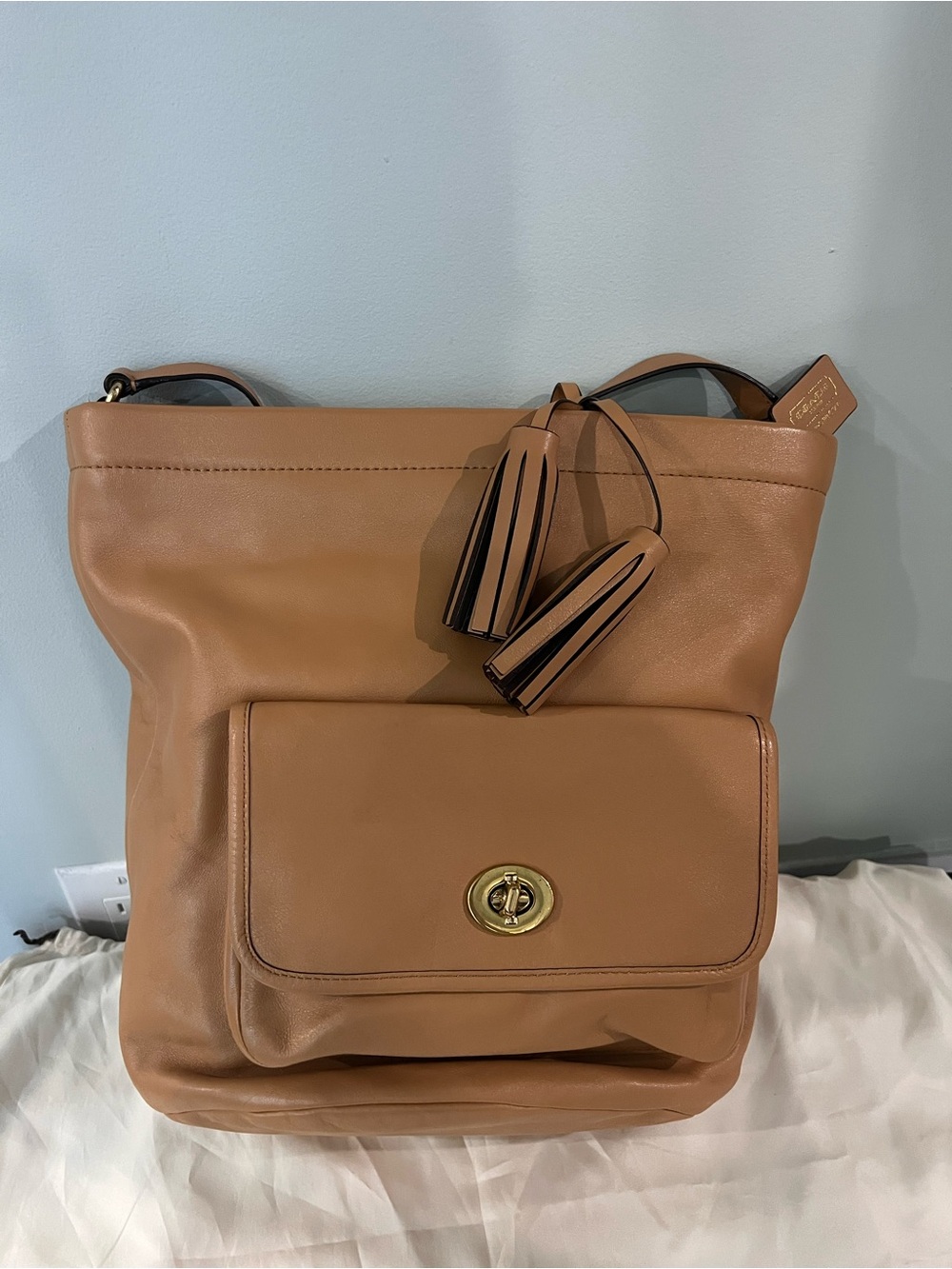 Coach Leather Shoulder Bag in Tan with Tassel Accents